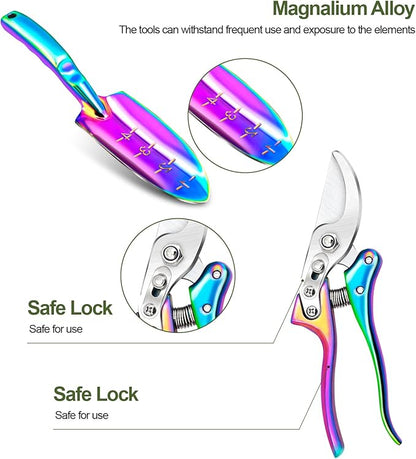 Rainbow Gardening Tool Set, Shovel, Pruning Shears and Hand Fork Gardening Hand toolsgardening Supplies (5 Pieces) Gardening Gifts for Women