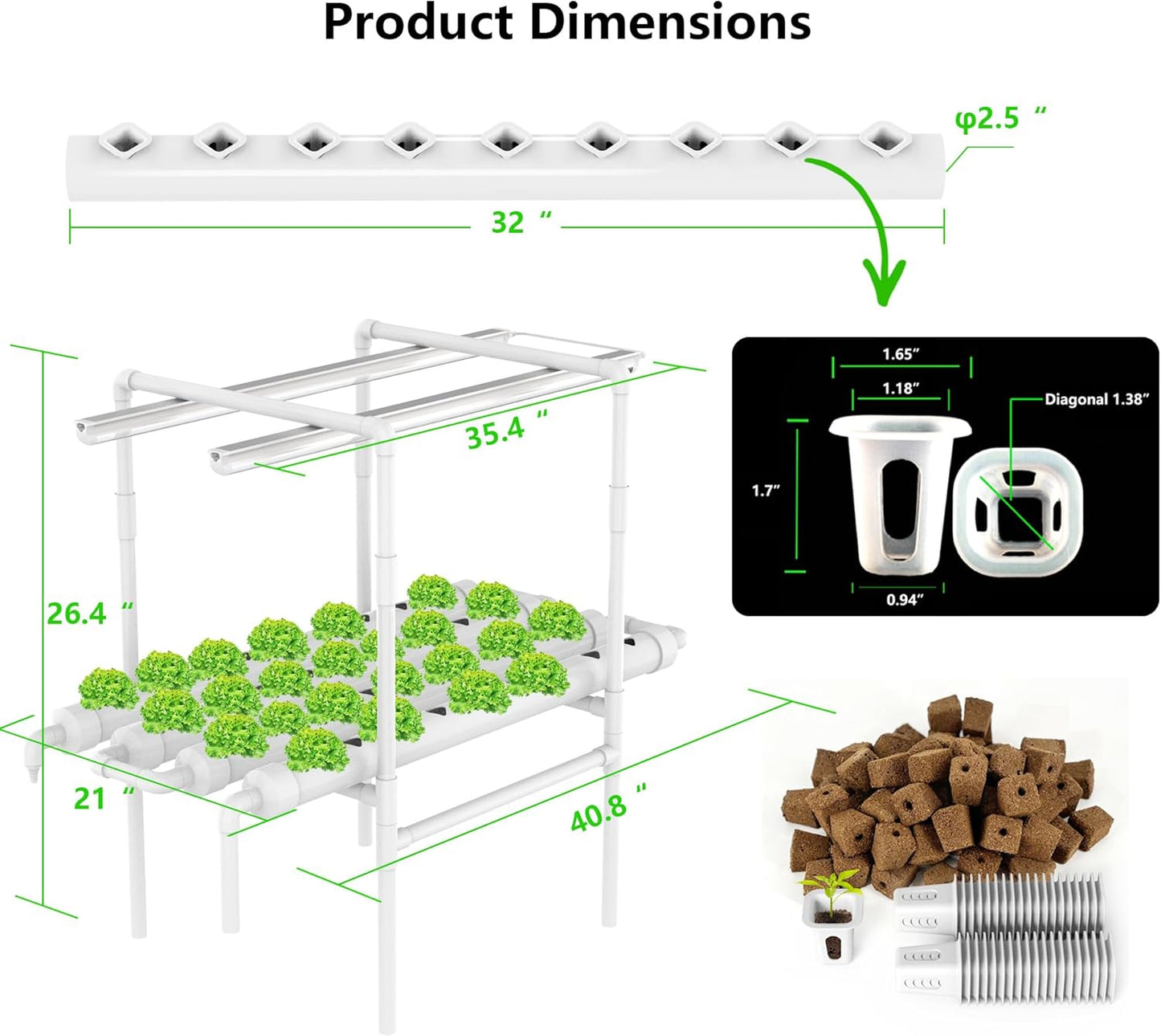 NFT Hydroponic Growing System Kit - Full-Spectrum Grow Lights ＆ Timer | 36 Plant Sites | Food-Grade PVC-U Pipes | Auto Water Pump & Timer | Indoor Gardening for Leafy Greens, Lettuce & Herbs