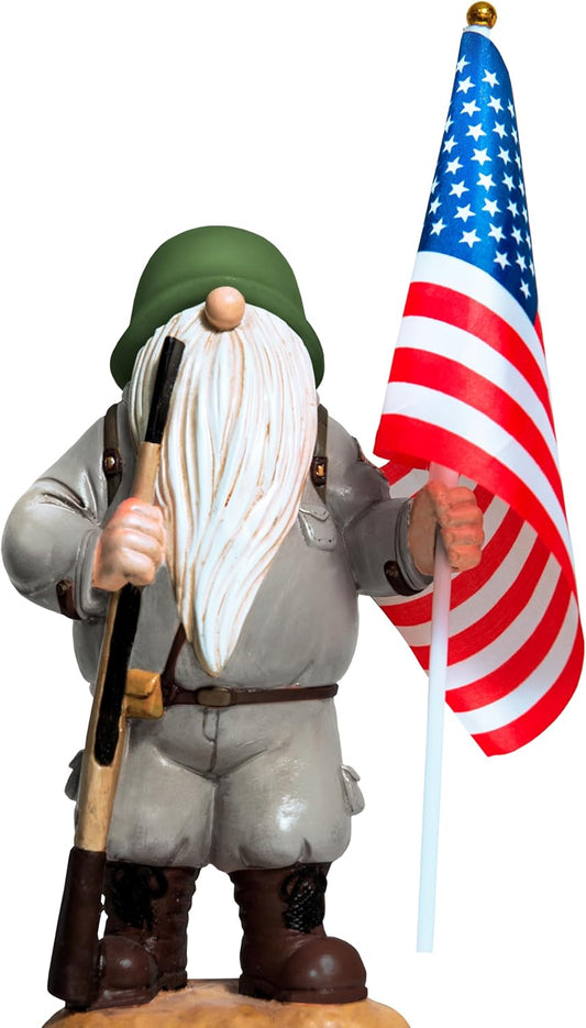 Patriotic Solar Garden Gnome with American Flag, 11" Resin Armed Garden Gnomes Outdoor Statue, Military Yard Gnome Decor, Gift for 4th of July, Memorial Day, Veterans Day