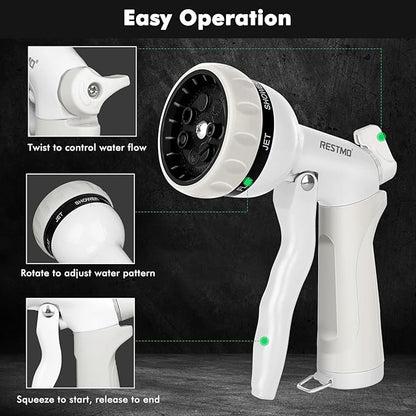 RESTMO Garden Hose Nozzle, Heavy Duty Metal Water Hose Nozzle with 7 Adjustable Spray Patterns, High Pressure Hand Sprayer with Flow Control, Best for Watering Plant & Lawn, Washing Car & Pet, White