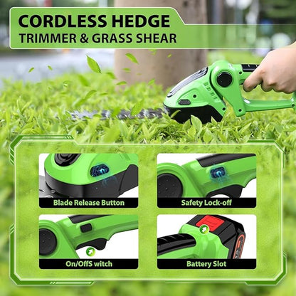 Cordless Hedge Trimmer & Grass Shears -24V Electric Shrub Trimmer Grass Shears Handheld Grass Cutter, Hedge Shear with 2 PCS Rechargeable Battery, Charger and Toolbox to for Garden, Lawn,Green