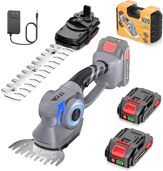 Cordless Hedge Trimmer, 2-in-1 Hedge Trimmer, Ultra Long Battery Life with Battery*2, high-Power and high-Capacity Grass Trimmer for Gardens, Yards and lawns, Including Charger