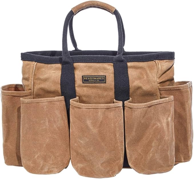 Readywares 14" Waxed Canvas Supply Bag/Garden Tool Tote/Cleaning Organizer/Mobile Bar/Versatile Storage Tote With Pockets/Utility Bag with Heavy Duty Handles