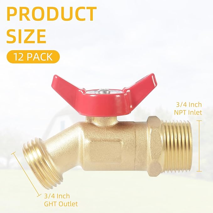 12 Pack Hose Bibb Brass Ball Valve, 3/4" Male NPT Inlet x 3/4" Male GHT Threaded Garden Hose Outlet Connector, 1/4-Turn Sillcock Water Spigot Hose Bibb Valve (3/4" x 3/4")