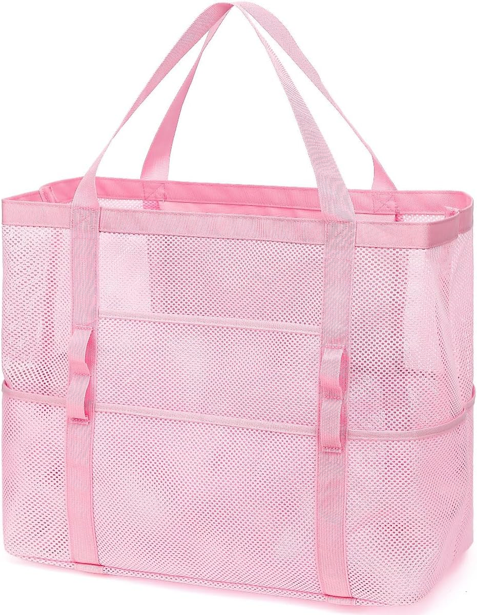 Mesh Beach Bag, Large Beach Tote with Zipper Pocket for Family Pool Bag for Toys & Vacation Essentials