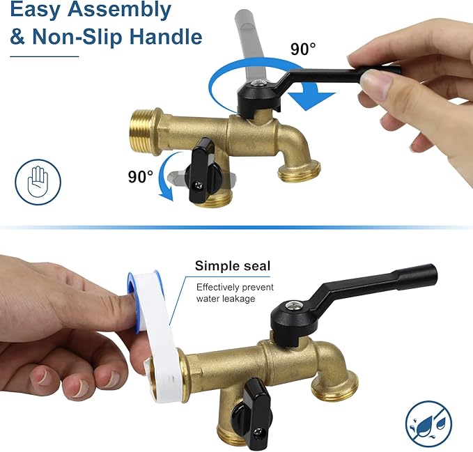 Outdoor Double Taps Water Faucet, Wall Mounted Garden Two 3/4 inch Brass Ball Valves Water Tap Splitter, Frost-Proof Outside Spigot Replacement with 2 Outlets for Home, Balcony, Hose Connector
