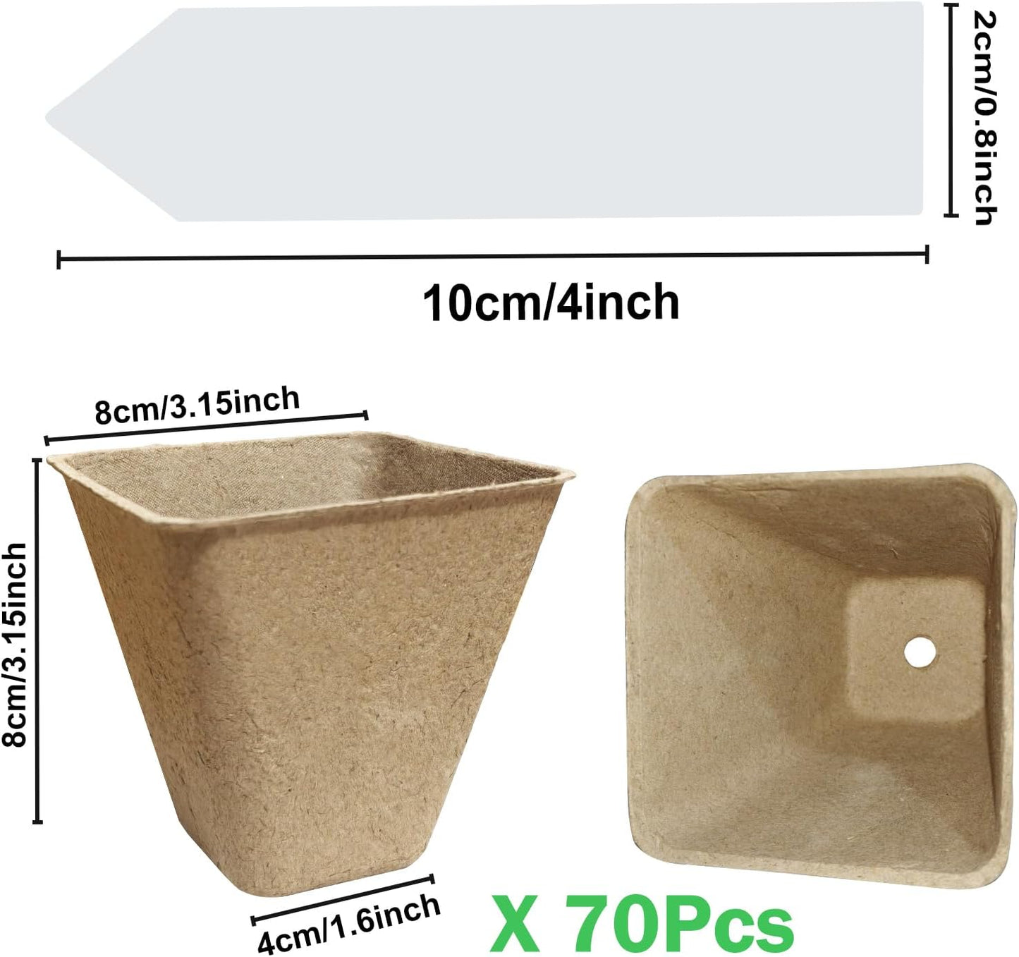 70-Pack 3.15 inch Square Peat Pots for Seedlings with Drainage Holes, Biodegradable Nursery Pots with 100 Labels for Plants