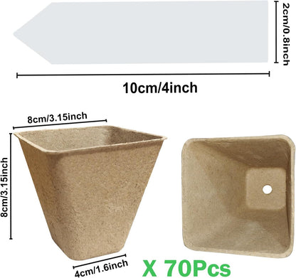 70-Pack 3.15 inch Square Peat Pots for Seedlings with Drainage Holes, Biodegradable Nursery Pots with 100 Labels for Plants