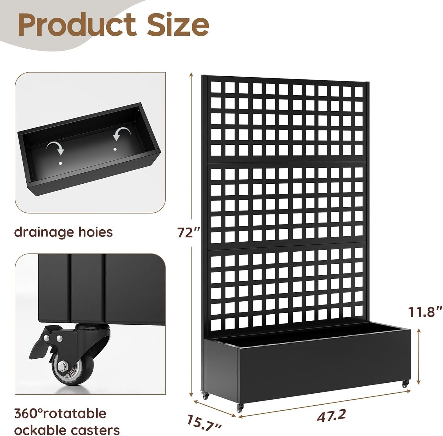 Metal Raised Garden Bed with Trellis & Wheels,72" x 47"x 15.7" Planter Box with Trellis,Privacy Planters for Patio,Garden Bed for Climbing Plants,Suitable for Climbing Plants and Vegetables,Black