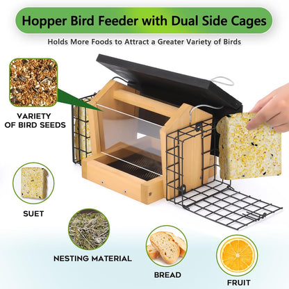 Hopper Bird Feeder for Outdoors Hanging, Wooden Bird Feeder with Double Suet Cage and Large Seed Capacity, Cedar Wood Suet Feeder with Weatherproof Roof, Garden Decoration