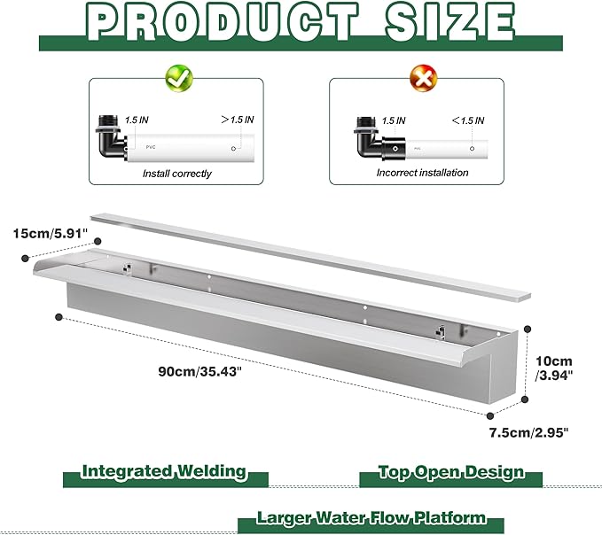 Waterfall Pool Fountain LONGRUNNEW 304 Stainless Steel 35.4" Rectangular Waterfall Spillway, Water Fall Fountain with Pipe Connector for Garden Outdoor, Swimming Pools, Fountains, Pond and Spa