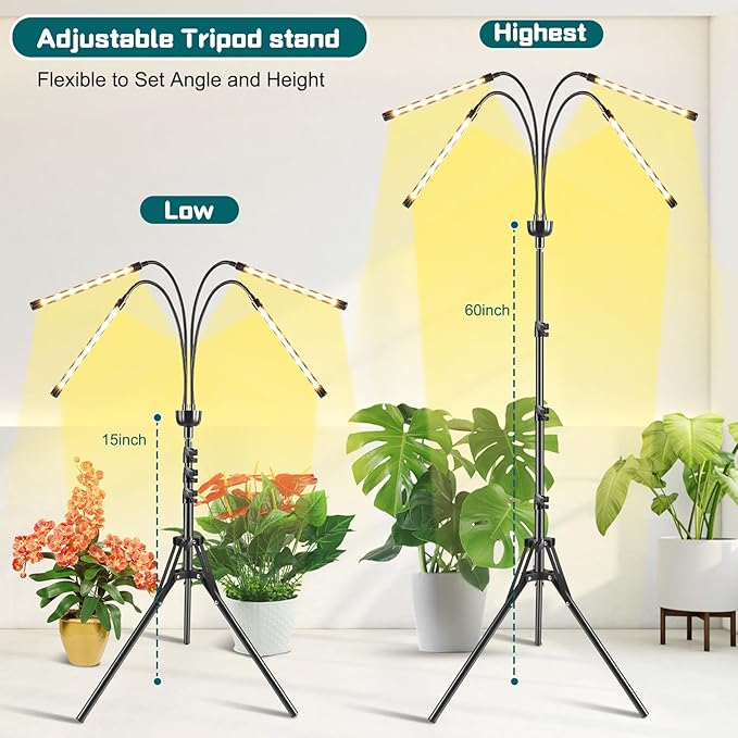 Grow Lights for Indoor Plants Yellow Light with 15-63 inches Adjustable Tripod Stand Plant Light with 4/8/12H Timer with Remote Control