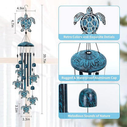 Sea Turtle Wind Chimes for Outside, Large Turtle Garden Decor, Unique Sea Animal Decor for Mom, Grandma, 40" Outdoor Windchimes for Lawn, Porch, Patio, Yard, Christmas