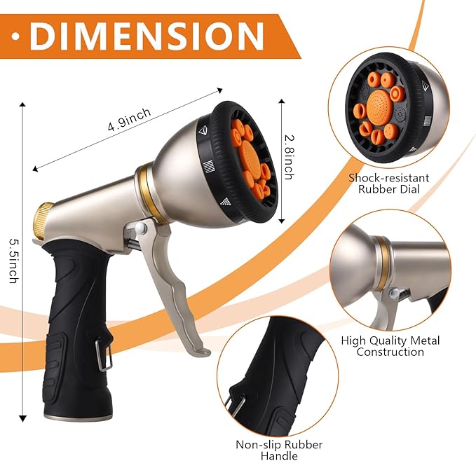 Tesony Garden Hose Nozzle, Heavy Duty Metal Water Hose Sprayer with 9 Adjustable Spray Patterns and Brass Hose Quick Connector, High Pressure Handheld Spray Nozzle Gun for Watering Plants, Car Washing