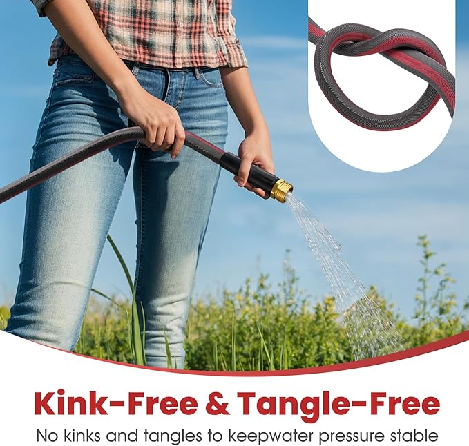 50ft Non-Expanding Garden Hose with 8-Layer Latex Core, Lightweight & Kink-Free, Flexible Heavy Duty Water Hose for Lawn, Yard, Car Washing (3/4" Solid Brass Fittings, Crush-Resistant)