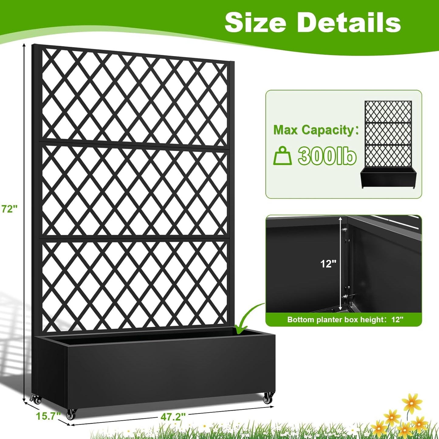Metal Planter Box with Trellis, 72"x35"x16" Metal Raised Garden Bed with Trellis, Trellis Planter Box with Drainage Holes & Lockable Casters for Climbing Plants, Vegetables, and Vines