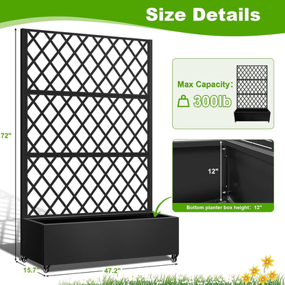 Metal Planter Box with Trellis, 72"x35"x16" Metal Raised Garden Bed with Trellis, Trellis Planter Box with Drainage Holes & Lockable Casters for Climbing Plants, Vegetables, and Vines
