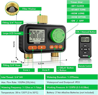 RESTMO RF Remote Controlled Sprinkler Timer with Brass Inlet & Outlet, Water Timer for Garden Hose, Automatic/Manual/Rain Delay for Outdoor Faucet, Drip Irrigation and Lawn Watering, 2 Outlet