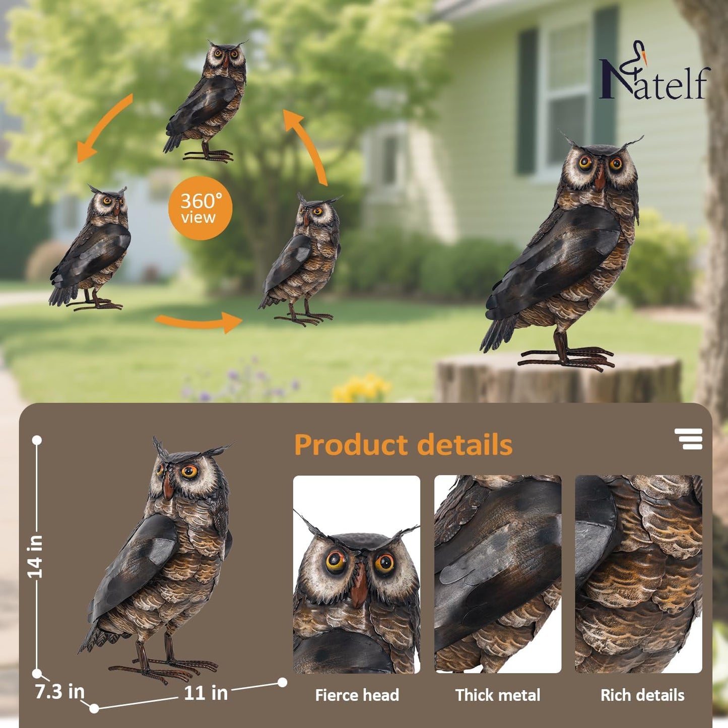 Natelf Garden Owl Sculptures & Statues, Standing Metal Bird Yard Art Sculpture for Patio Backyard Pond Outdoor Decorations (Brown-1)