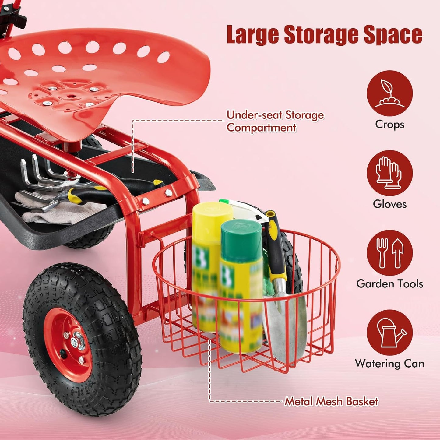 Goplus Rolling Garden Cart with Seat, Outdoor Garden Stool with Wheels, Tool Tray & Basket, Adjustable Steering Handle, 360 Degree Swivel Seat for Planting, Gardening Scooter for Lawn, Yard, Patio