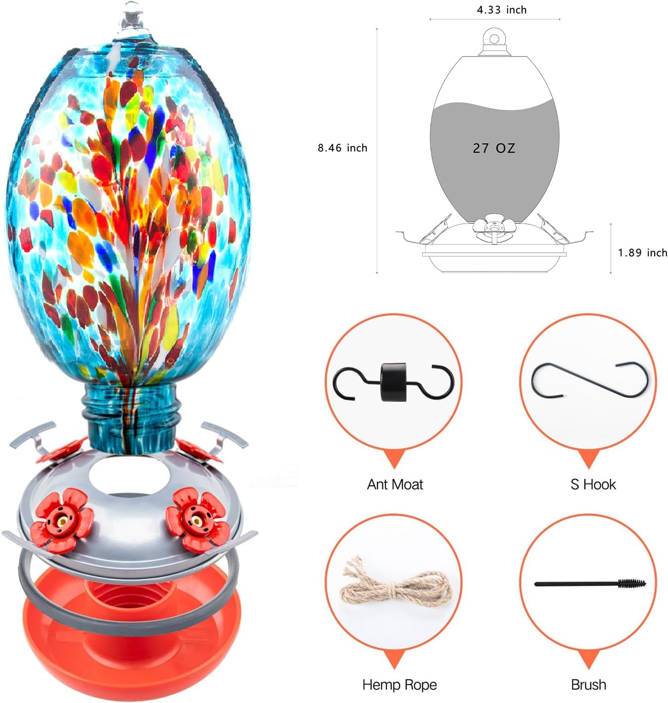 Muse Garden Glass Humming Bird Feeders for Outdoors - 27OZ Blown Glass Hummingbird Feeder - Unique Gift for Mom Women, Outdoors Hanging Garden Decor, Includes Ant Moat & Brush, Blue Fireworks
