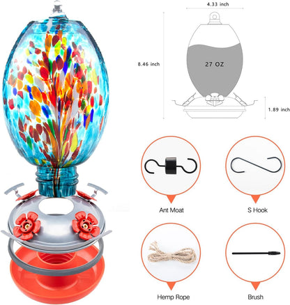 Muse Garden Glass Humming Bird Feeders for Outdoors - 27OZ Blown Glass Hummingbird Feeder - Unique Gift for Mom Women, Outdoors Hanging Garden Decor, Includes Ant Moat & Brush, Blue Fireworks