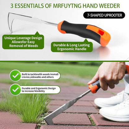 Upgraded Stainless Steel Hand Weeder Tool with Soft Rubber Grip | Manual Weed Extractor with Root Removal Function 4-Tine Slot Weeder for Crevices Garden Weeding Master Kit (3-Pack)
