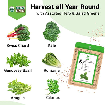 Herb & Salad Greens Seed Pods for All Hydroponics Growing Systems, 8 Pods with 600+ Seeds of Basil, Cilantro, Romaine, Kale, Arugula and Swiss Chard