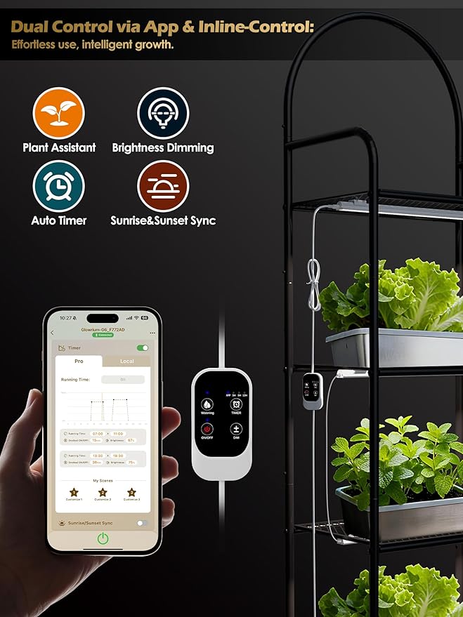 Smart Grow Light for Indoor Plants,3500K Full Spectrum LED Plant Light Strips with 3/9/12H Auto Timer,Stepless Dimming,Modular Design，Plug and Play (White, 6 Pack 48W)