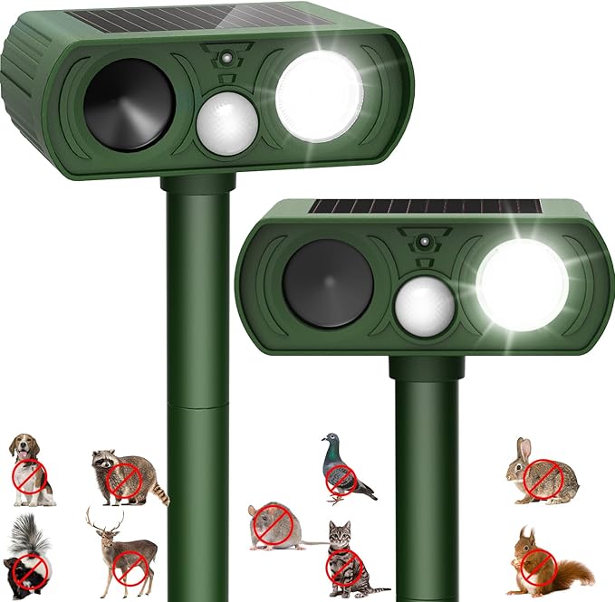 2PACK Solar Ultrasonic Animal Repellent Outdoor, Deer Repellent Devices Squirrel Cat Raccoon Rabbit Dog Deterrent, Keep Rodent Chipmunk Away Motion Detection with Flash Light for Yard Garden Lawn