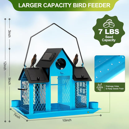 Solar Bird Feeders House for Outdoors Hanging, 7LBS Large Capacity Metal Wild Bird Feeder Squirrel Proof for Outside with Water Cup, Cardinal Birdfeeder Birdhouses Gift for Bird Lovers (Blue)