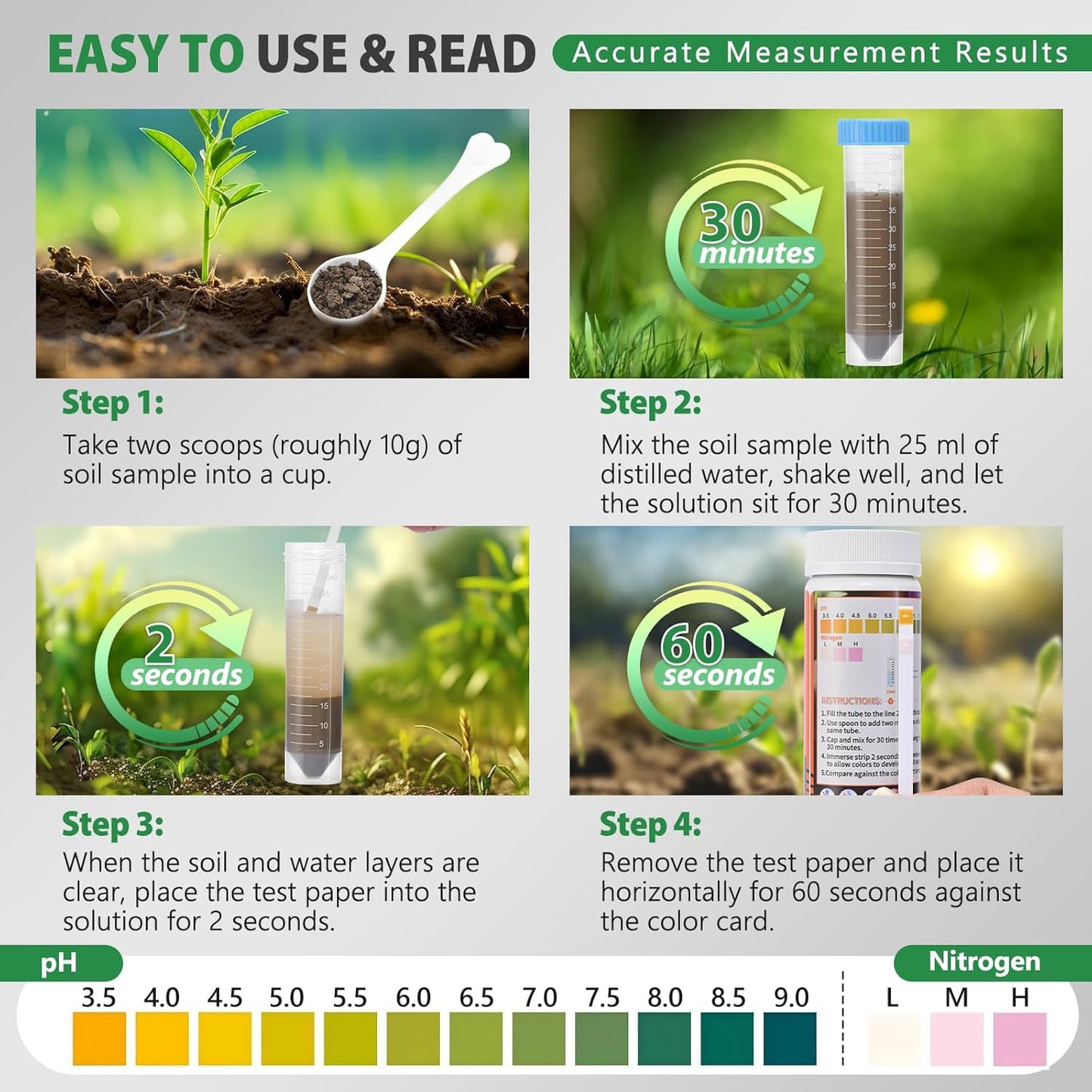 Upgrade pH and Nitrogen Soil pH Tester with Measuring Cylinder - Accurate 100 Soil Testing Kit Professional Soil pH Test Strips for Garden Lawn Yard Grass Flower Vegetable Compost Dirt