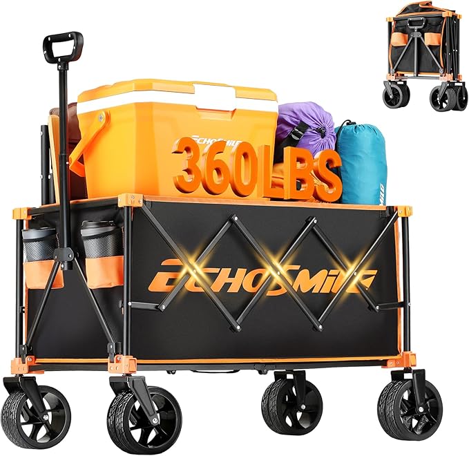 EchoSmile Collapsible Folding Wagon Cart 360lbs, Heavy Duty Garden Utility Cart with All Terrain Wheels, Large Capacity Outdoor Wagon for Camping, Beach, Shopping, Picnic (Black Orange)