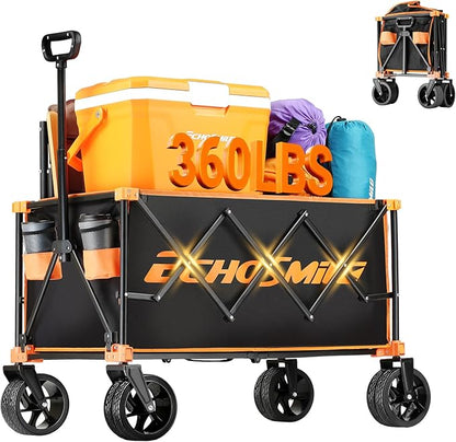 EchoSmile Collapsible Folding Wagon Cart 360lbs, Heavy Duty Garden Utility Cart with All Terrain Wheels, Large Capacity Outdoor Wagon for Camping, Beach, Shopping, Picnic (Black Orange)
