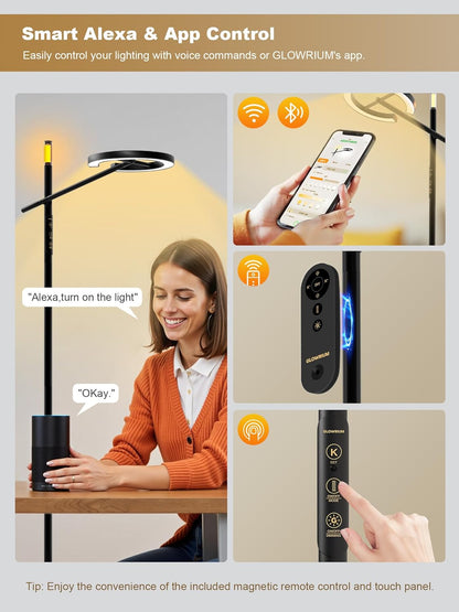GLOWRIUM Smart Wake Up Light Therapy Lamp with App, 10000 Lux Full-Spectrum Happy Therapy Light, UV-Free Sun Lamp, Circadian Rhythm, Remote, Timer, Cozy Light Settings for Winding Down