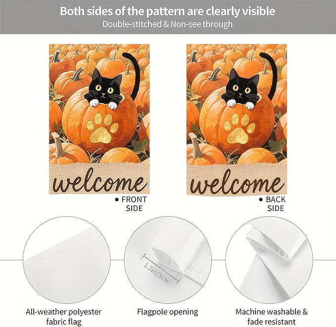 Thanksgiving Fall Garden Flag 12x18 Inch Welcome Black Cat Flag Double Sided Outdoor Autumn Yard Banner with Pumpkins and Paw Print for Porch Lawn Patio Seasonal Decor