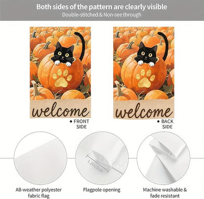 Thanksgiving Fall Garden Flag 12x18 Inch Welcome Black Cat Flag Double Sided Outdoor Autumn Yard Banner with Pumpkins and Paw Print for Porch Lawn Patio Seasonal Decor