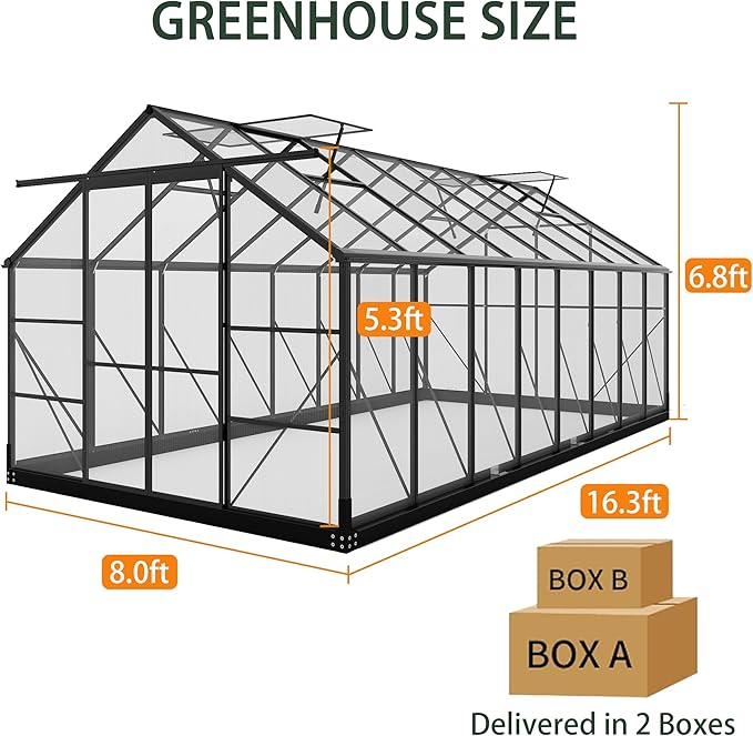 Polycarbonate Greenhouses, 8x16 FT Green Houses for Outside with Adjustable Roof Vents, Walk-in Aluminum Frame Greenhouse, Windproof, Garden(8x16FT)
