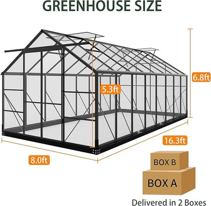 Polycarbonate Greenhouses, 8x16 FT Green Houses for Outside with Adjustable Roof Vents, Walk-in Aluminum Frame Greenhouse, Windproof, Garden(8x16FT)