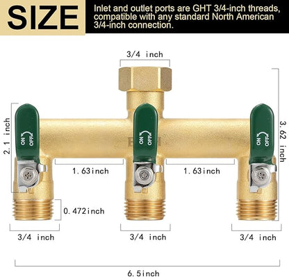 EBH Garden Hose Splitter, 3-Way High Flow Heavy Duty Brass Outdoor Hose Manifold with Long Handles Full Flow Faucet Adapter- 3/4” GHT(Green)