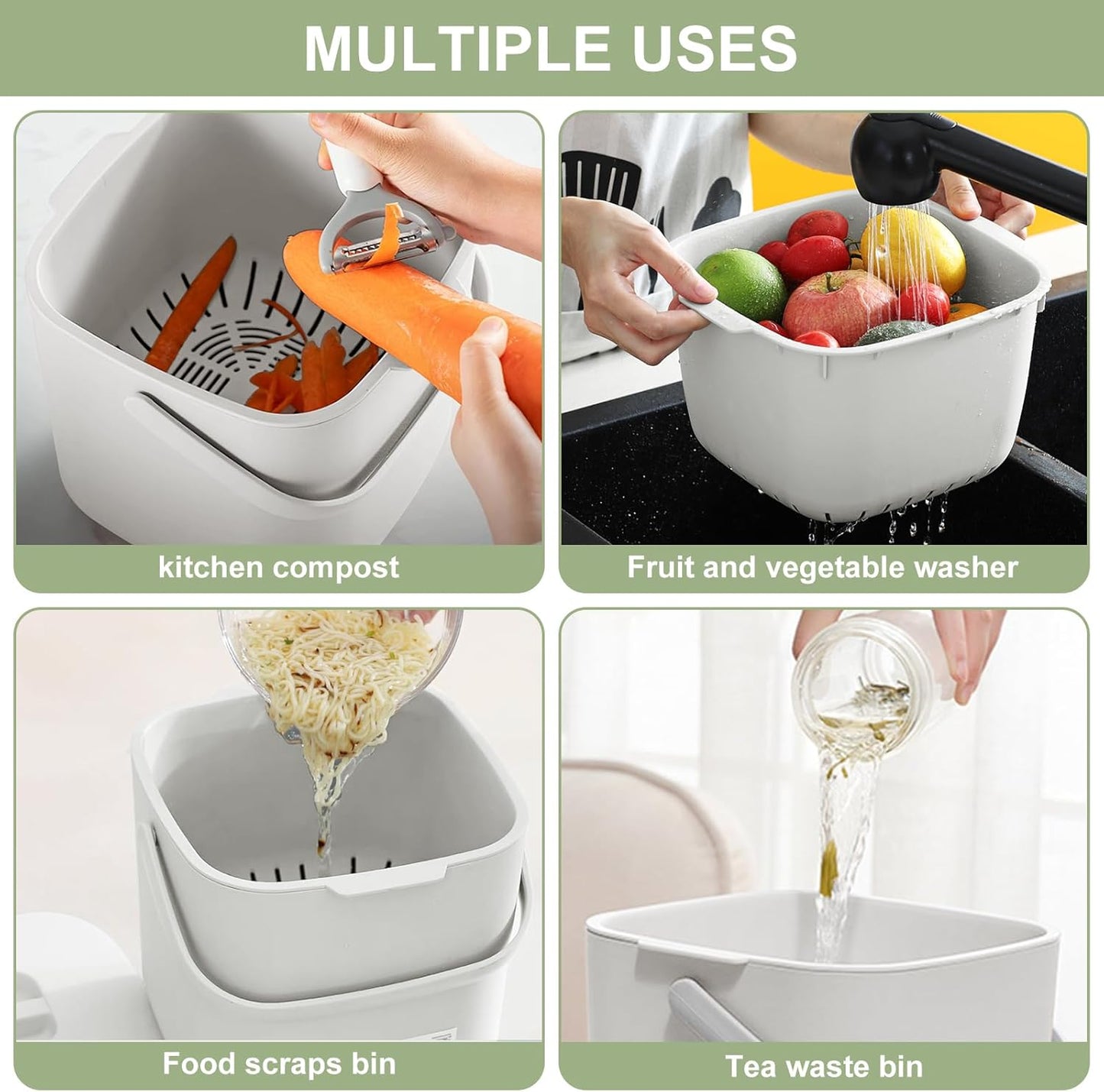 Stylish Kitchen Compost Bin- 1.85 Gal/ 7L Countertop Compost Bin with Lid, Inner Sieve for Separating Liquid from Food, Easy to Clean (White, 1.85GAL)