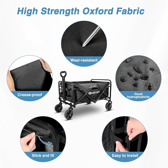 Yesker Foldable Wagon - 220lbs Collapsible Garden Carts with All Terrain Wheels for Outdoor Camping Sports Shopping Gardening - Heavy Duty Portable Utility Trolley (Black)