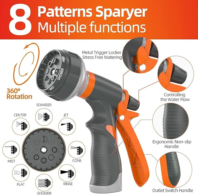 SPECILITE Garden Water Hose 150 ft x 5/8 in Heavy Duty, Flexible and Lightweight, Burst 600 psi, Kink-less Hybrid Rubber Pipe for Backyard, 3/4'' Brass Fittings, Orange