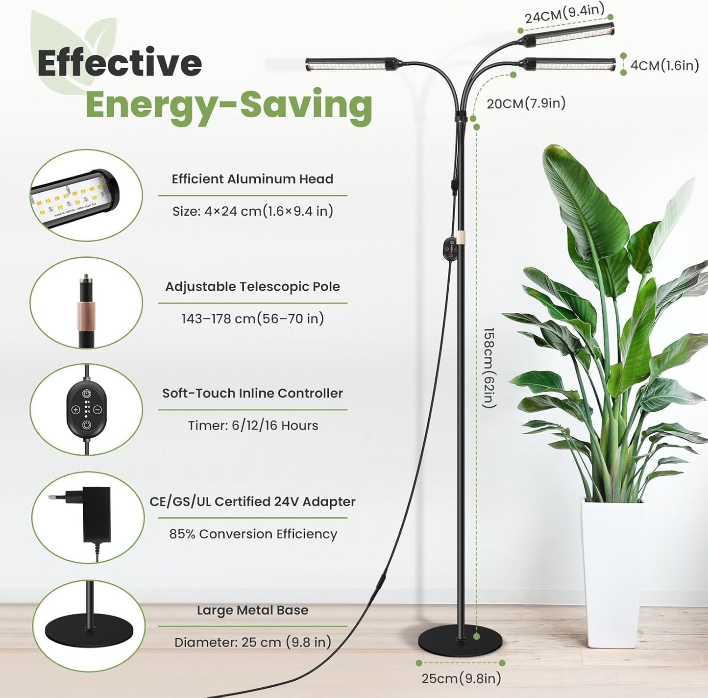 Large Plant Lights for Indoor growing 24V, 660nm-Enhanced Full Spectrum, LM281B+ LED Grow Light, Plant Light with Timer & Dimming, Adjustable Height 22–70in, 9.8in Base, 28W, 560μmol/s/m²@6in