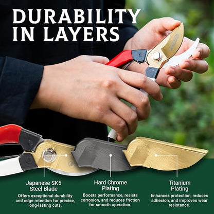 Gardeness Titanium Plating Japanese Pruning Shears, Professional Bypass Heavy Duty Garden Pruner Secateurs – Lightweight Easy Grip Branch Clippers Hand Pruners for Gardening, Trimming, Harvesting.