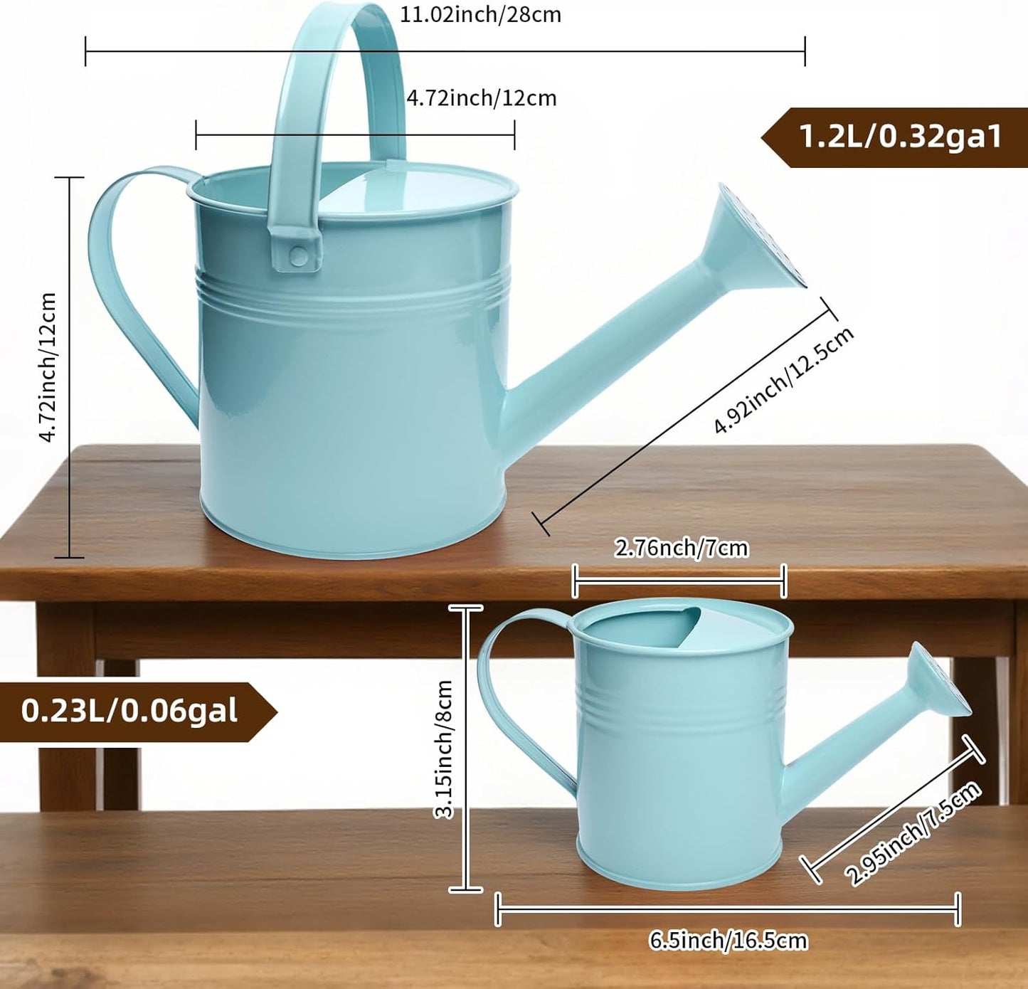 Small Metal Watering Can Set, Pink, 1.2L and 0.23L Garden Cans with Long Spout, Indoor Outdoor Plant Care (Green Blue)