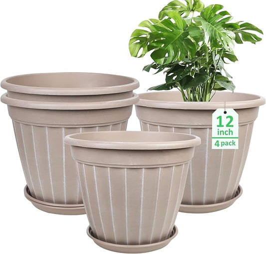 FGstyle 12 Inch Pots for Plants,4 Pack Tall Planters,Large Flower Pots with Drainage Hole & Saucer,Decorative Outdoor Planter for Planting Medium Large Plants(Beige