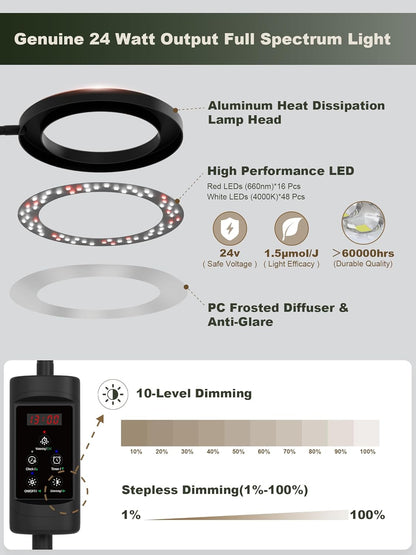 GLOWRIUM Smart Grow Lights for Indoor Plants, 24W Full Spectrum Plant Lights, Bluetooth App & Manual Control, Adjustable Height 47-70.9", Auto Timer, Indoor Plant Lamp for Tall Indoor Plants