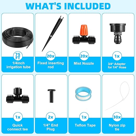 75FT Drip Irrigation System - Easy to Assemble Quick Plug Adjustable Spray Volume Garden Watering/Misting Cooling System with 1/4" Polyethylene (PE) Water Pipes for Gardens, Raised Beds, Lawns