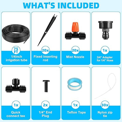 75FT Drip Irrigation System - Easy to Assemble Quick Plug Adjustable Spray Volume Garden Watering/Misting Cooling System with 1/4" Polyethylene (PE) Water Pipes for Gardens, Raised Beds, Lawns